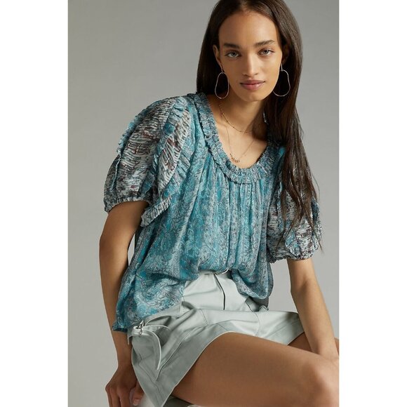 ANTHROPOLOGIE Pintucked Chiffon Womens Blouse AQUA - S SMALL NEW TOP - Picture 1 of 3